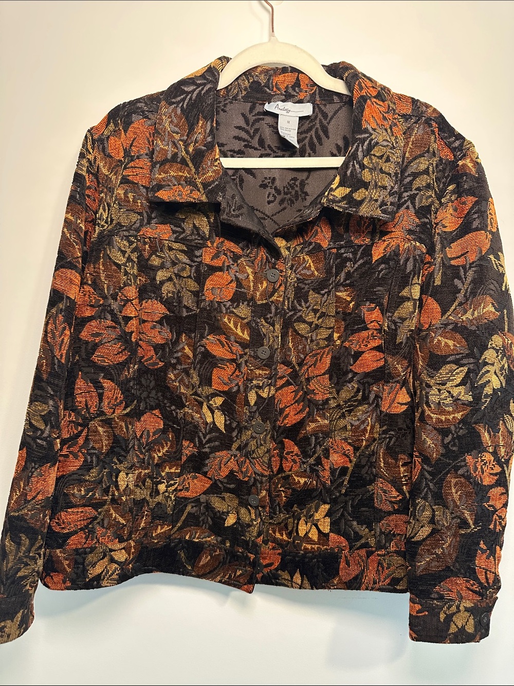 AnalogVintage-Inspired Floral Jacquard Jacket in Black with Orange & Gold Leaves